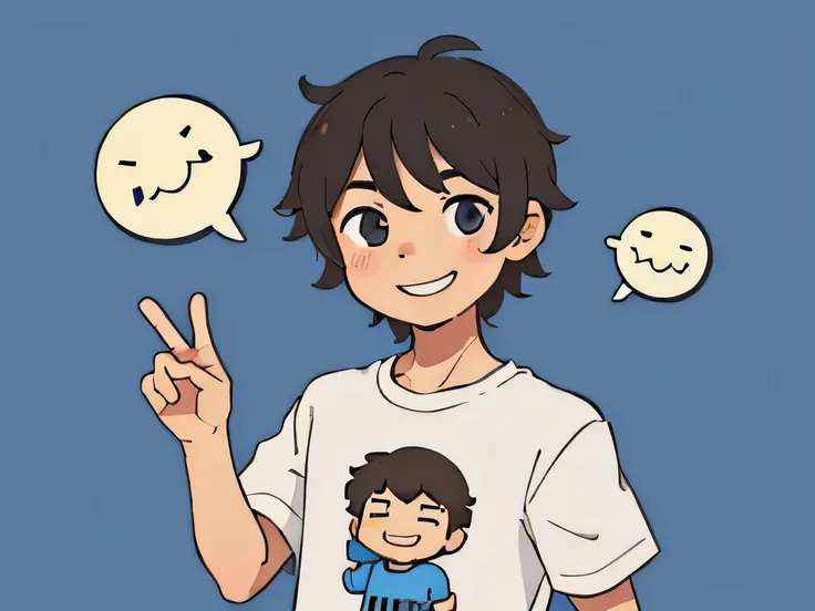 illustration of a guy having short messy hair, cute, smiling, happy ,posing for a picture