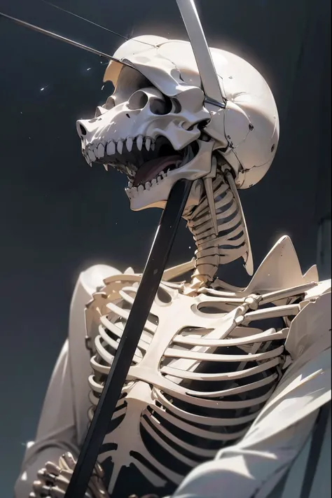 (best quality,highres,masterpiece:1.2),ultra-detailed,(realistic,photorealistic,photo-realistic:1.37),skeleton impaling itself with a sword in the neck, ethereal lights