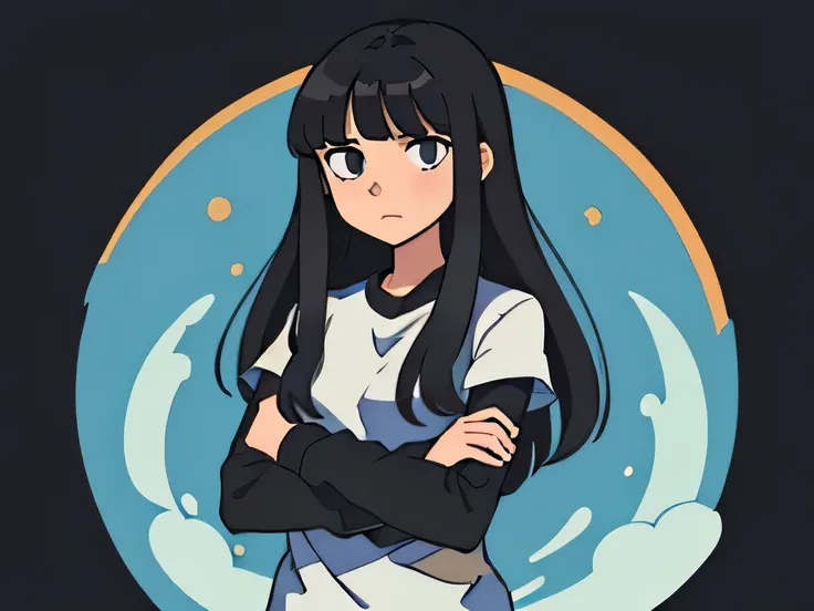 Illustration of a girl having long black hair with bangs, standing with her arms crossed, serious mood, looking at camera
