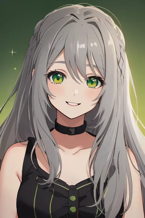 Chica anime, ((Masterpiece), top-quality, Top image quality, ((((solo)))), ((((gray hair)))), long hair, Beautiful green eyes, Shining eyes, dye ones cheeks red, smile, teens girl, 18yo, cute, 8k