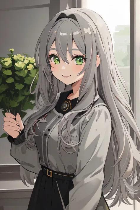 Chica anime, ((Masterpiece), top-quality, Top image quality, ((((solo)))), ((((gray hair)))), long hair, Beautiful green eyes, Shining eyes, dye ones cheeks red, smile, teens girl, 18yo, cute, 8k