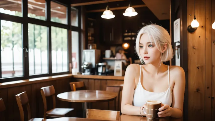 Woman, Sexy, White hair, In cofee shop, Coffeing, Lofi, Comfy, High details, High resolution, 4K