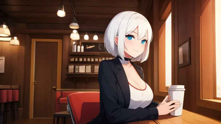 Woman, Sexy, White hair, In cofee shop, Coffeing, Lofi, Comfy, High details, High resolution, 4K