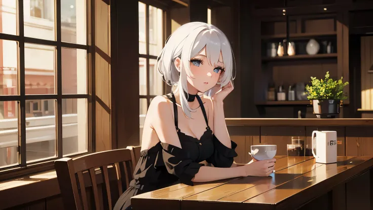 Woman, Sexy, White hair, In cofee shop, Coffeing, Lofi, Comfy, High details, High resolution, 4K