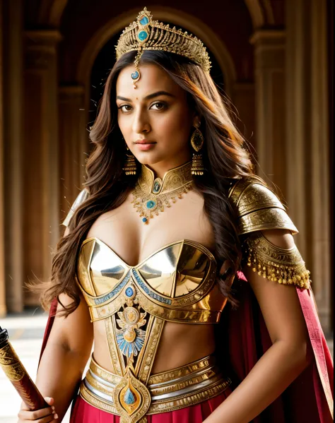 Looks like Sonakshi Sinha, "Design an illustration of a stunning and powerful warrior queen with a regal presence. She should possess a combination of strength and grace. Imagine her in ornate, yet practical armor that complements her figure. The armor sho...