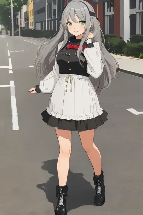 Chica anime, ((Masterpiece), top-quality, Top image quality, fullbody, ((((solo)))), ((((gray hair)))), long hair, green eyes, dye ones cheeks red, smile, teens girl, 18yo, cute, 8k