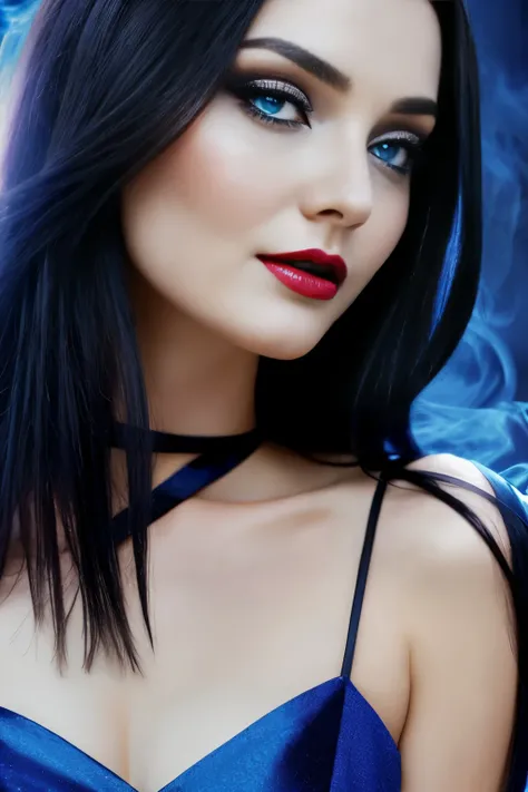 1girl, close up, beautifully evil model, sophisticated sorceress, powerful enchantress, super villainess, hourglass figure, purple dress, symmetrical, highly detailed face, long flowing black hair, mesmerizing blue eyes, lush red lips, coy smile, enticing,...