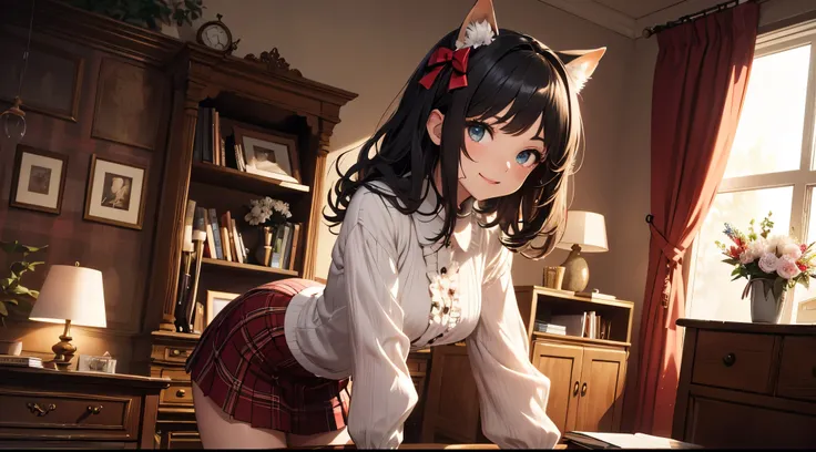 very cute and beautiful girl,(highly detailed beautiful face and eyes:1.2),(smile),(mid shot),
(white blouse with detailed frills),long sleeve BREAK detailed legs,zettai ryouiki,
standing,stylish pose,
dynamic angle,hair ribbon,black hair,hime cut,(scarlet...