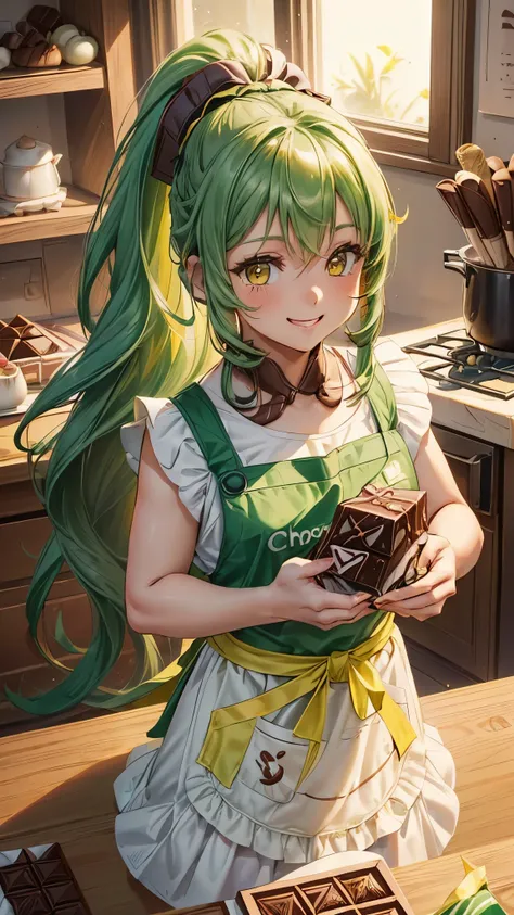 ((chocolate sweets cooking)), in the kicking, ((Chocolate sweets gift wrapping present wrapped in wrapping paper)) (a ponytail green hair long hair cute girl, 14 yo, cute yellow eyes, love smile, in a cute apron), chocolate sweets on the table, break, perf...