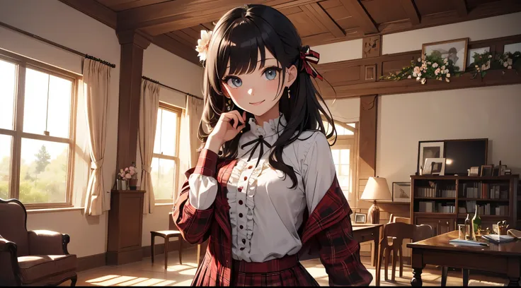 very cute and beautiful girl,(highly detailed beautiful face and eyes:1.2),(smile),(mid shot),
(white blouse with detailed frills),long sleeve BREAK detailed legs,zettai ryouiki,
standing,stylish pose,
dynamic angle,hair ribbon,black hair,hime cut,(scarlet...