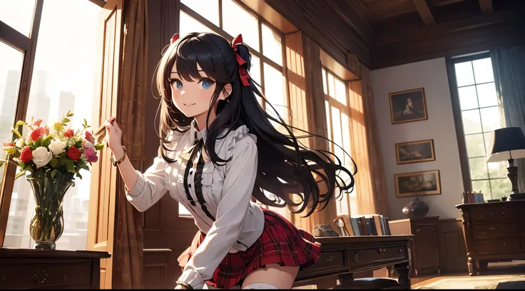 very cute and beautiful girl,(highly detailed beautiful face and eyes:1.2),(smile),(mid shot),
(white blouse with detailed frills),long sleeve BREAK detailed legs,zettai ryouiki,
standing,stylish pose,
dynamic angle,hair ribbon,black hair,hime cut,(scarlet...