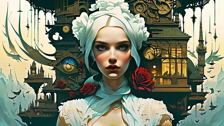 a close up of a woman with a white dress and a clock tower, artgerm and james jean and peter mohrbacher, karol bak and tom bagshaw, wlo and peter mohrbacher, julie bell beeple, 