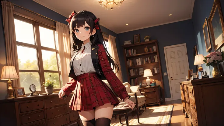 very cute and beautiful girl,(highly detailed beautiful face and eyes:1.2),(smile),(mid shot),
(white blouse with detailed frills),long sleeve BREAK detailed legs,zettai ryouiki,
standing,stylish pose,
dynamic angle,hair ribbon,black hair,hime cut,(scarlet...