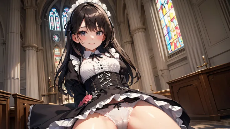 very cute and beautiful girl,(highly detailed beautiful face), (smile),blush,black hair,looking at viewer,(floral pattern brown lolita dress with detailed frills),detailed lace, sitting,(spread legs),arms behind back,(white panties), altar,church,indoors, ...