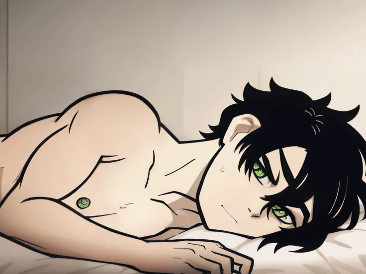 highres, monochrome,tcoaal, solo, looking at viewer, short hair, shirt, 1boy, Andy graves, hair between eyes, closed mouth,black hair, green eyes, Seen from side, Lying on the bed, Shirtless, Without clouth, male focus, Sweat, Simple background, messy hair...