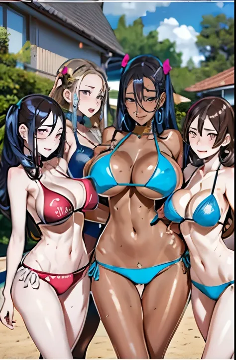 (masterpiece), highest quality,detailed face、detailed person、perfect human body、 (colorful:1.1), (five girls, Group photo shoot:1.4), (Because I&#39;m slender:1.1), (Huge:1.5), (dark skinned:1.1), (underboob:1.1), blonde, silver haired, twin tails, attract...