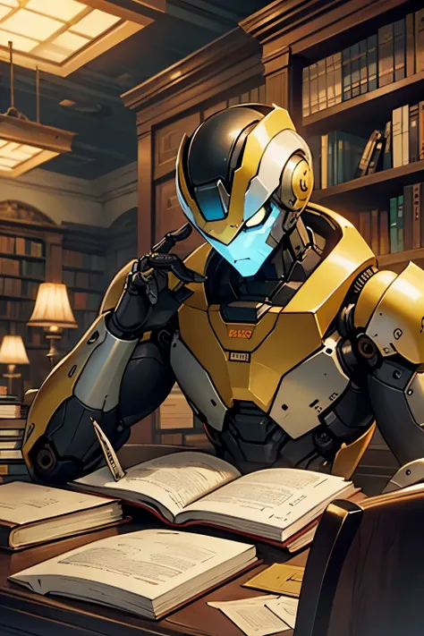 In a grand library, a robot is seated in the middle of a table, engrossed in reading a book. The robots metallic body gleams under the soft yellow light of the library, its large, expressive eyes fixed on the pages before it. The table is cluttered with va...