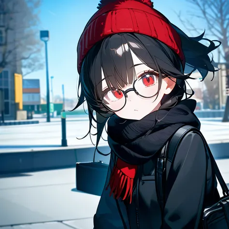 (masterpiece), best quality, expressive eyes, perfect face, red eye, black beanie, fluffy cut black hair, black scarf, tool bag ...