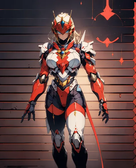 A woman adorned in fantasy-style full-body armor, a crown-concept fully enclosed helmet that unveils only her eyes, a composite layered chest plate, fully encompassing shoulder and hand guards, a lightweight waist armor, form-fitting shin guards, the overa...