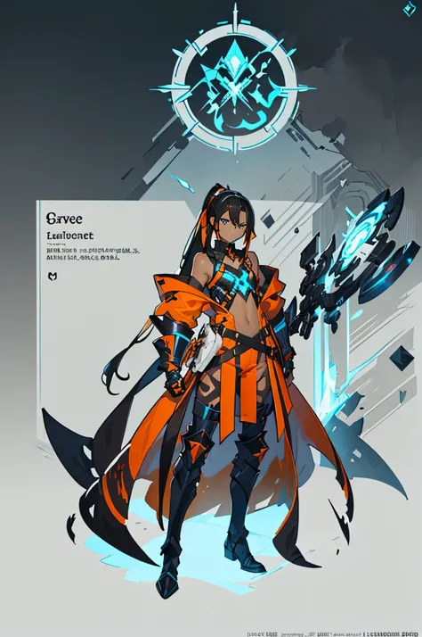 (((concept art))), (((flat chest))), woman, (((black skin)))), black hair and ponytail, light blue eyes, ((black metallic gauntlet&greaves、orange&silver highlights)), (((フードに白いパッドが付いたorange色のコート)))), Mostly black, orangeパーツあり, shoulder on display, black sh...