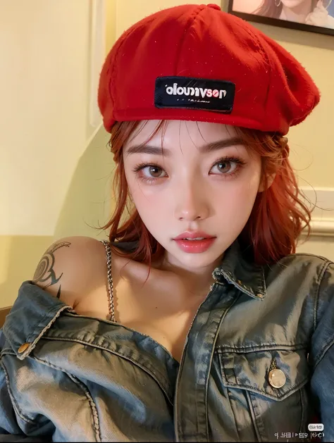 a close up of a person wearing a red hat and a denim jacket, sun yunjoo, roseanne park of blackpink, jossi of blackpink, portrait of jossi of blackpink, ulzzang, with red hair, jinyoung shin, cl, ((red)) baggy eyes, red cap, heonhwa choe, park ji-min, bell...