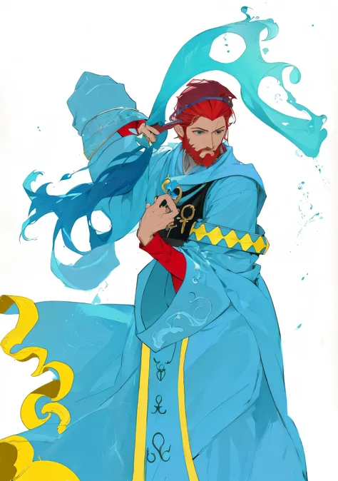 personagem de anime com capa azul e barba ruiva , photo of a male cleric, retrato de um hidromante masculino, magical fantasy, dnpersonagem, como uma dnpersonagem, alquimista masculino jovem e magro, mago, arte de fantasia dnd, design de personagens de d &...