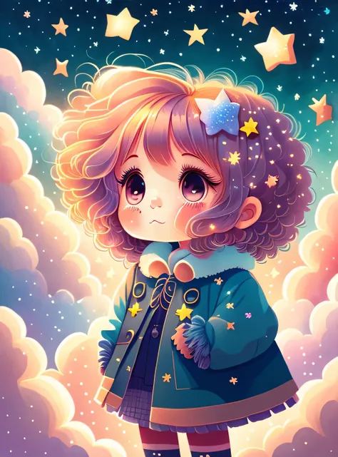 (Best quality at best,4k,8k,A high resolution,obra-prima:1.2), Cabelo fofo como as nuvens de uma garota nas nuvens, tiny stars, cabelos de cores claras, Dentro de um sonho, Dream illustration, cor dos sonhos, childrens illustration style.