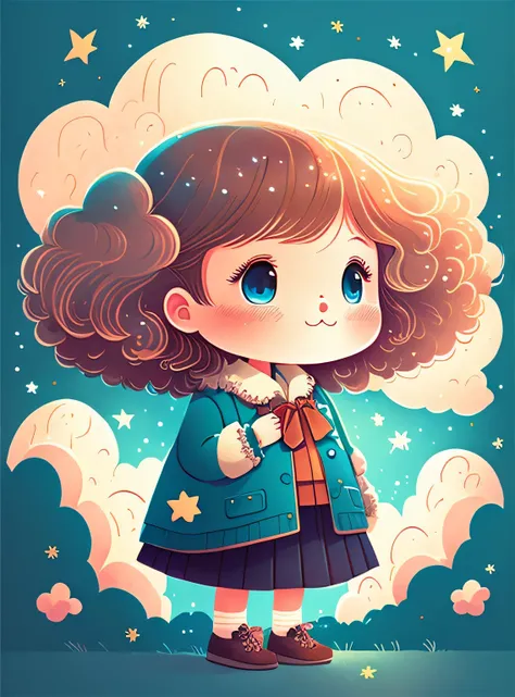 (Best quality at best,4k,8k,A high resolution,obra-prima:1.2), Cabelo fofo como as nuvens de uma garota nas nuvens, tiny stars, cabelos de cores claras, Dentro de um sonho, Dream illustration, cor dos sonhos, childrens illustration style.