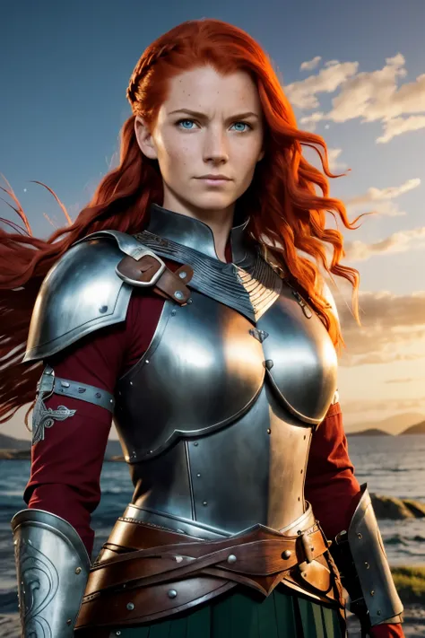 The beautiful red-haired Celtic warrior stands resolutely, her fiery locks flowing freely in the wind as she prepares to embark on her epic journey. Her proud face is adorned with freckles, adding a touch of charm to her bold features, while her intense bl...