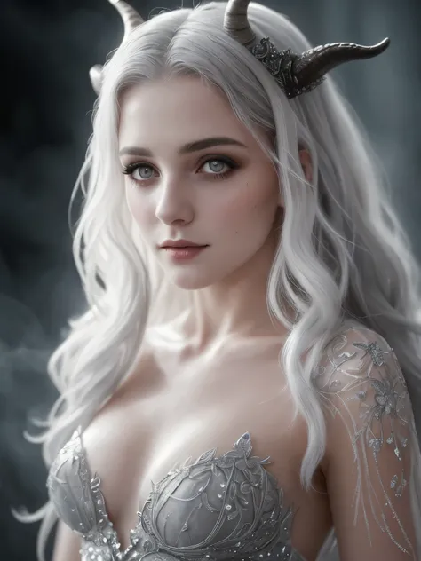 (Realistic:1.2), A beautiful woman with goat horns. Intricate dress with uncovered tummy made of gray tulle, silver glitter, small gray crystals and dried branches. Luis Royo style. Intense and captivating look, extremely sexy. Long, wavy, white hair. Moun...