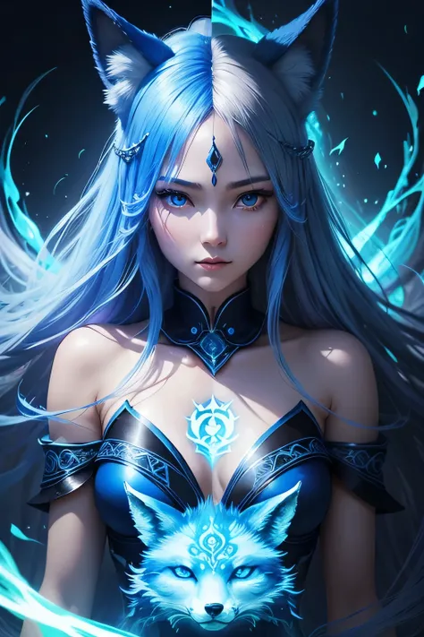 fox spirit guardian, blue spirit, blue light effects, beautiful face, detailed face