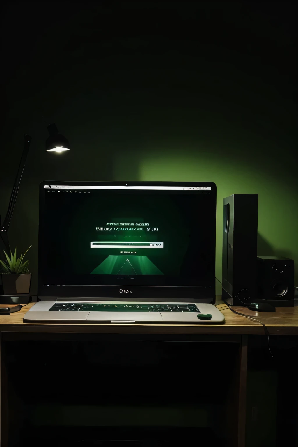 website header, computer with green elements, on a desk, dark atmosphere, professional, realistic, technology, minimalistic, photograph