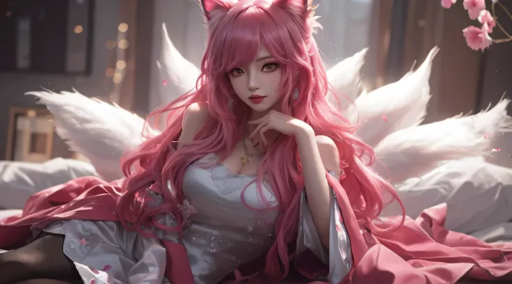 Anime girl sitting on bed，Pink hair and white dress, portrait of ahri, ahri, beautiful anime catgirl, Very beautiful anime cat girl, Guviz, 8K high quality detailed art, style of anime4 K, ahri from league of legend, Guviz-style artwork, Anime art wallpape...