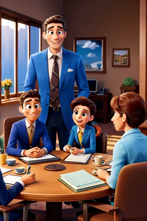 In an enchanting Disney setting, a professional business meeting unfolds. Two smartly dressed executives, a man with a sleek brown suit and a woman in a elegant blue dress, exchange ideas with animated expressions and gestures. The table before them is ado...