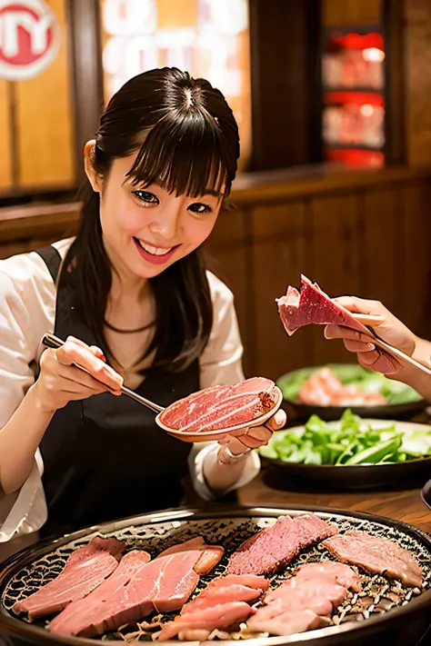 couple sitting at table and eating raw meat on grill、shinhanga、service suggestions、sparkling and happy atmosphere、🤬 🤮 💕 🎀、produc...