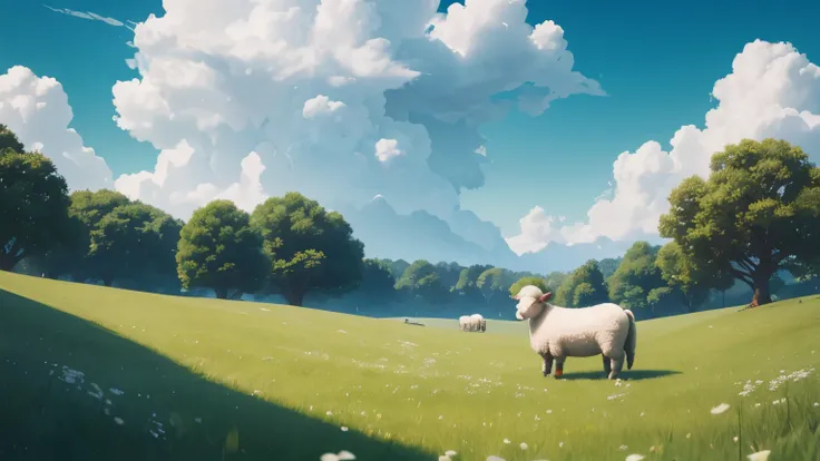 Create a cartoon image of a cute and friendly lucky little white sheep. Uma imagem realista, 8k. The sheep is in a green pasture, the grass is swaying in the wind. The sky is all blue with some clouds. 