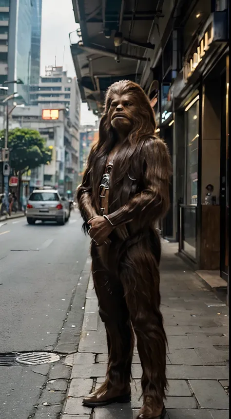 (best quality,ultra-detailed,masterpiece:1.2),hyper-realistic,lucasfilm quality,perfectly detailed face, Full Body, portrait of Chewbacca, In the middle of Jakarta City