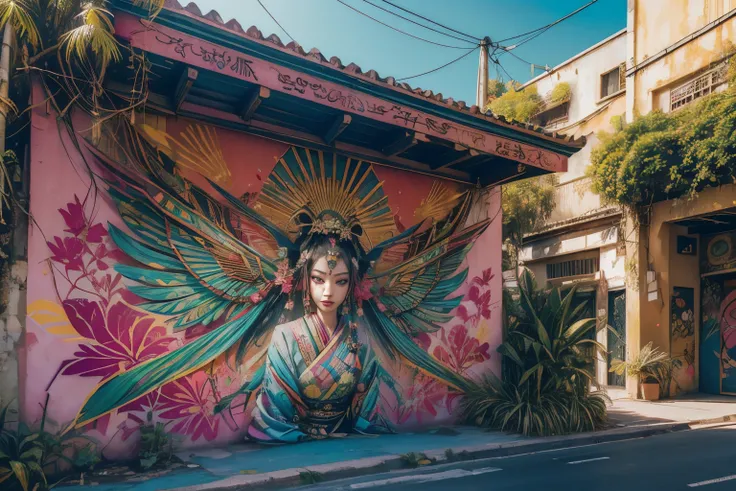 A surrealistic graffiti, in an explosive mix of colours and themes, including a geisha, the Egyptian triad of Osiris, Isis and Horus, ruffled fishes, and vegetation motives that somehow look optically intertwined with the Bougainvillea branches extended on...