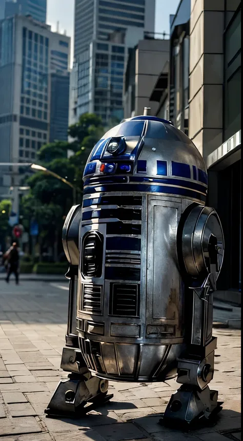 (best quality,ultra-detailed,masterpiece:1.2),hyper-realistic,lucasfilm quality,perfectly detailed face, Full Body, portrait of R2-D2, In the middle of Jakarta City