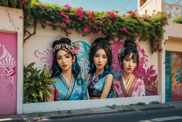 A surrealistic graffiti, in an explosive mix of colours and themes, including a geisha, the Egyptian triad of Osiris, Isis and Horus, ruffled fishes, and vegetation motives that somehow look optically intertwined with the Bougainvillea branches extended on...