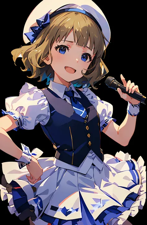 momoko suou (million live), 1 girl, Solo, Cute Girl, Best Quality, Ultra-detailed, 8K, High resolution, (upper body, face focus:1.3), Detailed face, falling down, singing on the stage, holding a microphone, looking at viewer, (smile, ;d), opened mouth, rea...