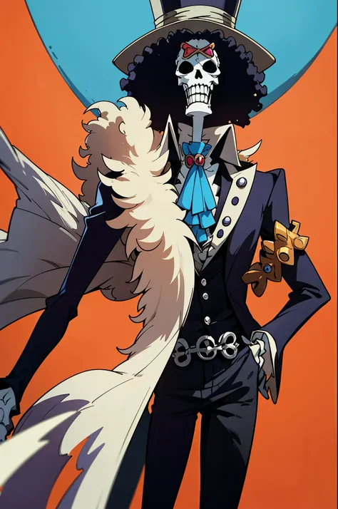 brook from one piece, man, skeleton. Brook is an extremely tall skeleton dressed in formal attire complete with top hat and cane. Standing at 266 cm in height. Despite having no skin, he still has an afro.