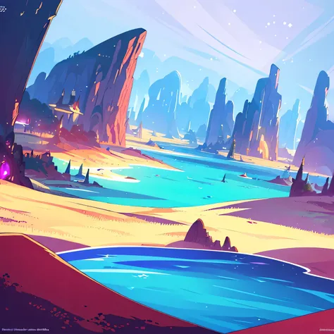 award winning photo, ((masterpiece,best quality)), absurdres, Vivid_Setting, no humans, scenery, cinematic composition, landspace drawing, environment, background illustration, fantasy, colorful Anime game world, MMORPG, world to explore, splash-art, over-...