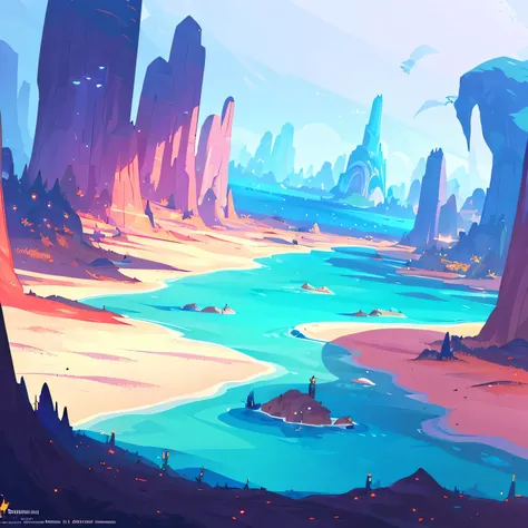 award winning photo, ((masterpiece,best quality)), absurdres, Vivid_Setting, no humans, scenery, cinematic composition, landspace drawing, environment, background illustration, fantasy, colorful Anime game world, MMORPG, world to explore, splash-art, over-...