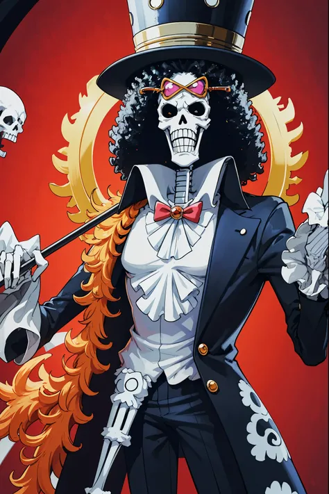brook from one piece, man, skeleton. Brook is an extremely tall skeleton dressed in formal attire complete with top hat and cane. Standing at 266 cm in height. Despite having no skin, he still has an afro.