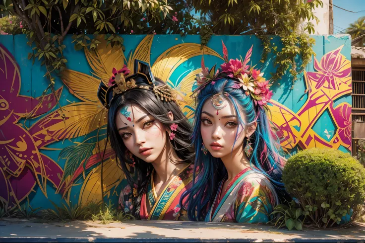 A surrealistic graffiti, in an explosive mix of colours and themes, including a geisha, the Egyptian triad of Osiris, Isis and Horus, ruffled fishes, and vegetation motives that somehow look optically intertwined with the Bougainvillea branches extended on...