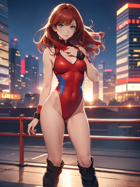 1girl, medium breasts, leotard, red leotard with blue accents, bare legs, boots, matching boots, bracelets, city backdrop, solo, single, standing, full body shot, cowboy shot, beautiful detailed eyes, mature lady, red hair, medium hair 