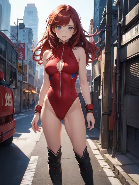 1girl, medium breasts, leotard, red leotard with blue accents, bare legs, boots, matching boots, bracelets, city backdrop, solo, single, standing, full body shot, cowboy shot, beautiful detailed eyes, mature lady, red hair, medium hair 