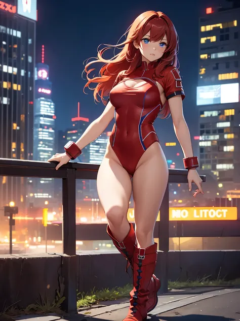 1girl, medium breasts, leotard, red leotard with blue accents, bare legs, boots, matching boots, bracelets, city backdrop, solo, single, standing, full body shot, cowboy shot, beautiful detailed eyes, mature lady, red hair, medium hair 