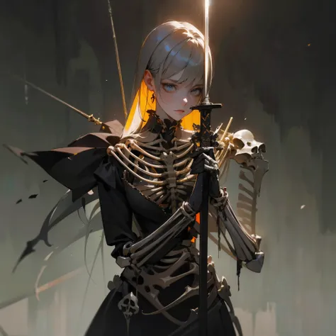 (a girl with) Aura-like gothic lighting, realistic Gothic-style artwork, detailed skeleton impaling itself with a sword in the neck, dark atmospheric background, high-res masterpiece:1.2, ultra-fine painting, professional, vivid colors